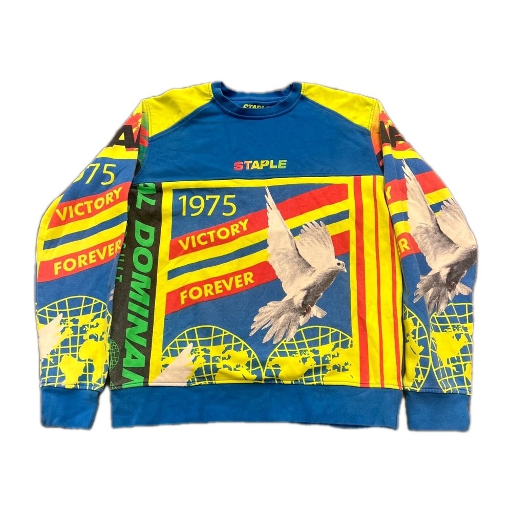 Staple Pigeon Sweatshirt Mens Medium Blue Yellow Graphic Victory Forever 1561